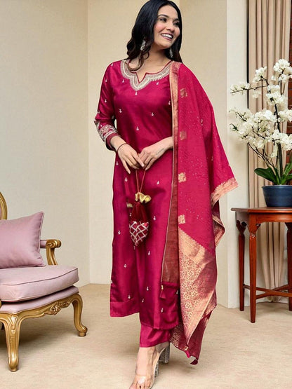 Indyancart SN Women's Embroidered Calf Length Regular Straight Kurta & Pyjamas With Dupatta