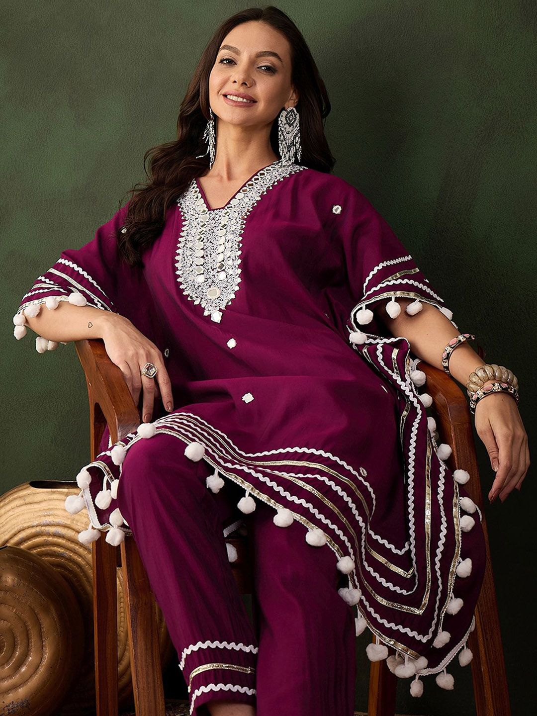 Indyancart SN Women's Purple Geometric Embroidered Mirror Work Roman Silk Kurta With Trouser