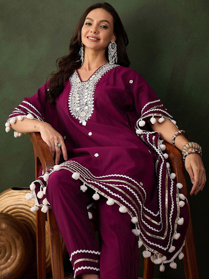 Indyancart SN Women's Purple Geometric Embroidered Mirror Work Roman Silk Kurta With Trouser