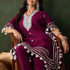 Indyancart SN Women's Purple Geometric Embroidered Mirror Work Roman Silk Kurta With Trouser