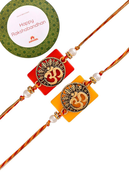 Anouk Gold Toned Set Of 2 Om Charm Thread Rakhis With Roli Chawal & Greeting Card