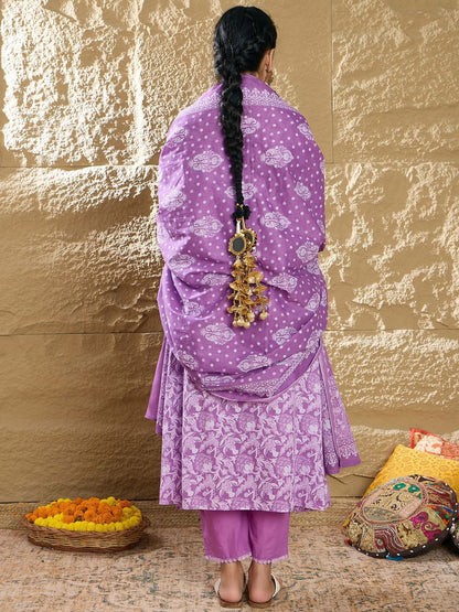 Indyancart IE Women Floral Printed Panelled Pure Cotton Kurta with Trousers & Dupatta