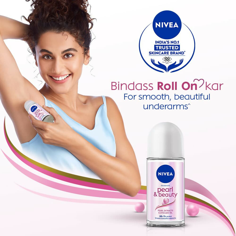 Nivea Pearl and Beauty Deo Roll On with pearl extracts and avocado oil for smooth, beautiful underarms in a 48-hour alcohol-free formula.