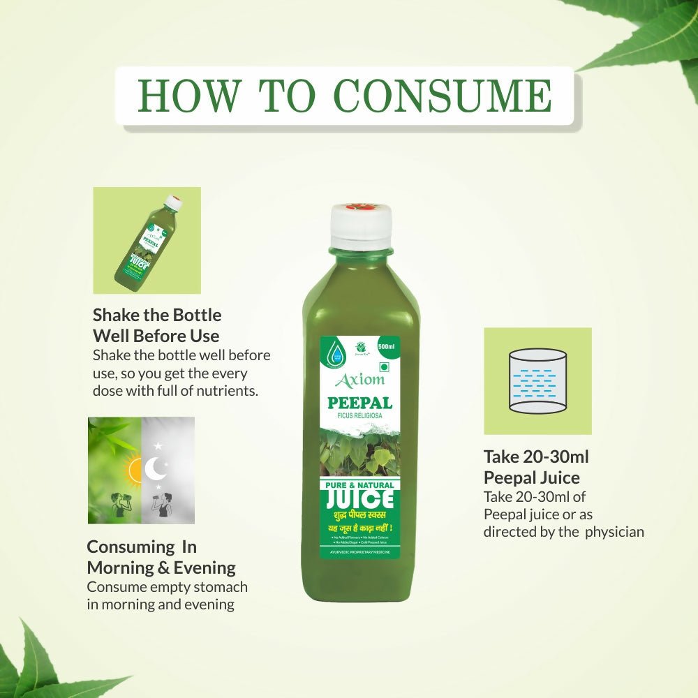 Axiom Peepal Swaras Juice in a clear glass bottle with a label, showcasing the Ayurvedic drink's natural ingredients.