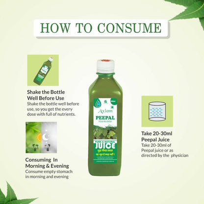 Axiom Peepal Swaras Juice in a clear glass bottle with a label, showcasing the Ayurvedic drink's natural ingredients.