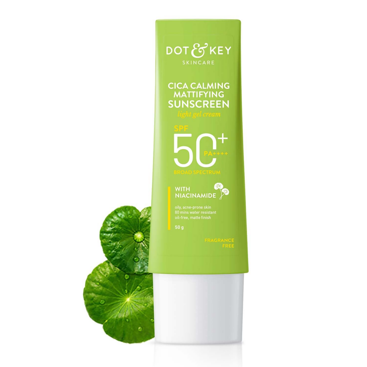 Dot & Key CICA Calming Sunscreen SPF 50, a lightweight, mattifying sunscreen for oily, acne-prone, and sensitive skin.