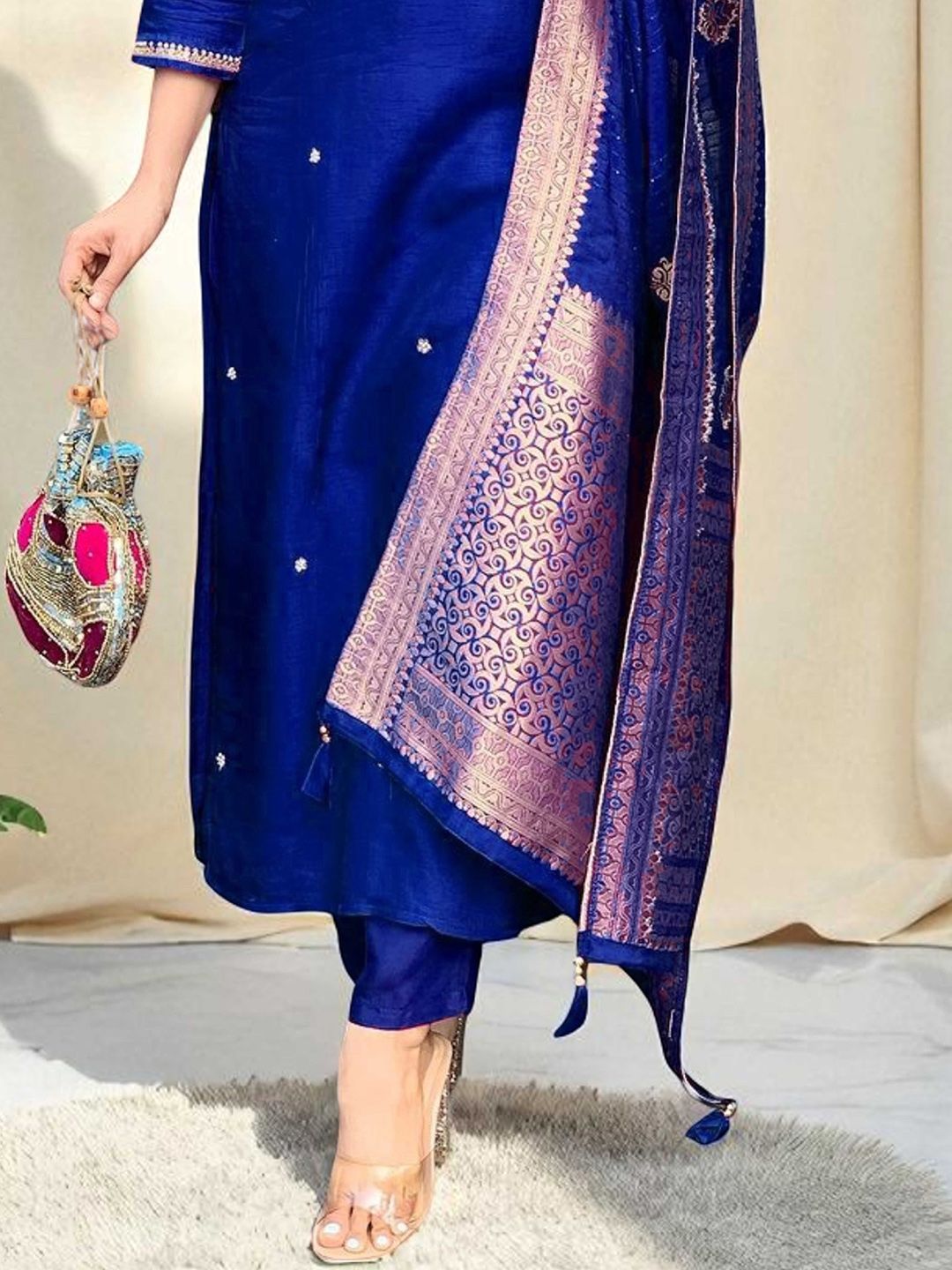 Indyancart SN Women's Embroidered Pure Cotton Straight Kurta Trousers & Dupatta