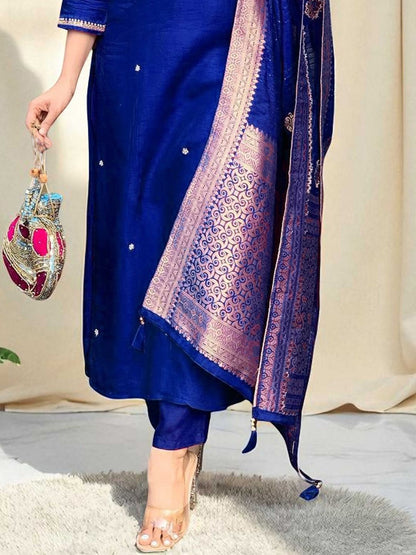 Indyancart SN Women's Embroidered Pure Cotton Straight Kurta Trousers & Dupatta