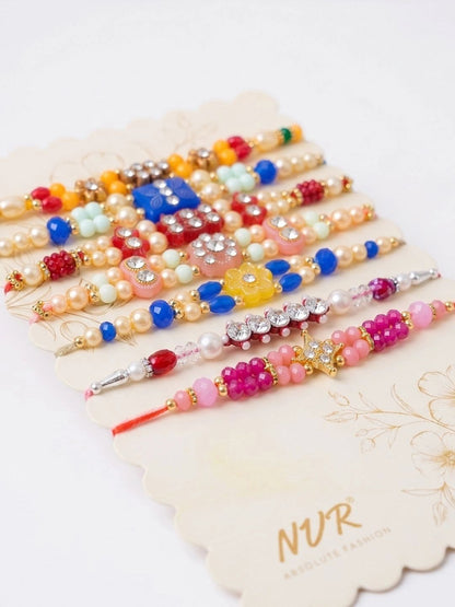 Anouk Set Of 7 Multicolor Designer Thread Rakhi With Roli Chawal Chandan Mishri