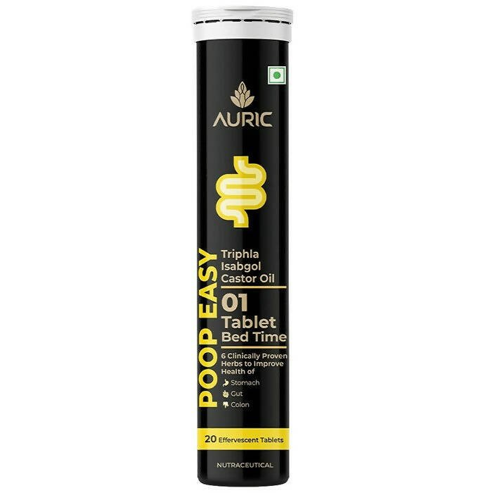 Auric Poop Easy Ayurvedic effervescent tablets in a glass with tablets and a natural herbal background