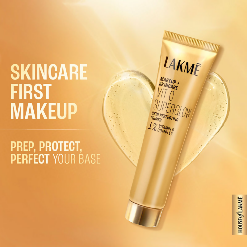 Lakme Vitamin C Superglow face primer with 1% vitamin C, smooth texture, and lightweight formula in a sleek tube.