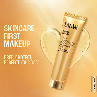 Lakme Vitamin C Superglow face primer with 1% vitamin C, smooth texture, and lightweight formula in a sleek tube.