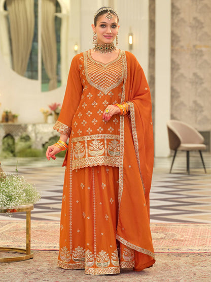 Women Ethnic Motifs Embroidered Long Sleeves Straight Kurta with Skirt & Dupatta