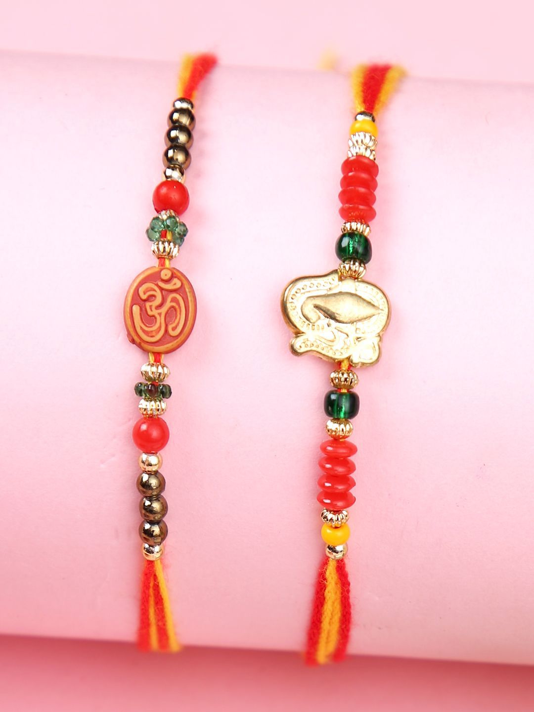 Anouk Set Of 2 Red Om & Lord Ganesh Beaded Rakhi With Roli Rice & Greeting Card
