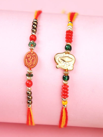 Anouk Set Of 2 Red Om & Lord Ganesh Beaded Rakhi With Roli Rice & Greeting Card