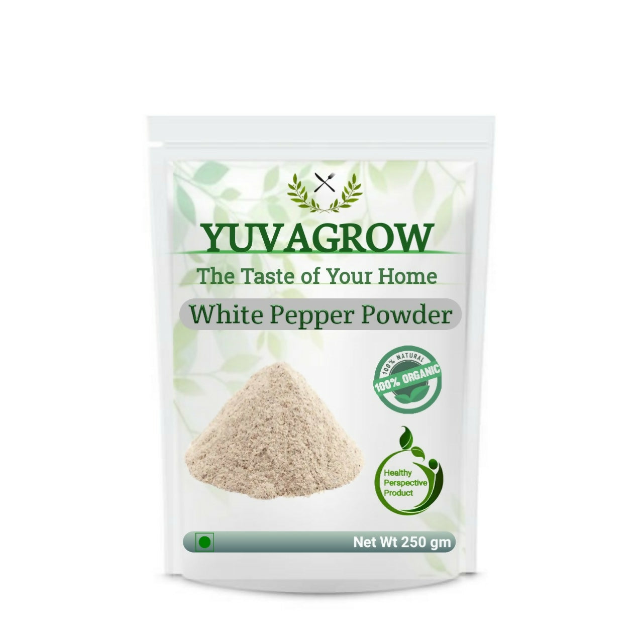 White pepper powder from Yuvagrow, a fine spice in a clear glass jar with a white lid, showcasing the smooth, white ground spice.