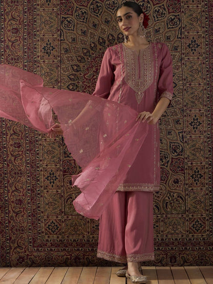 Indyancart IE Ethnic Motifs Embroidered Regular Straight Kurta With Palazzos & Dupatta