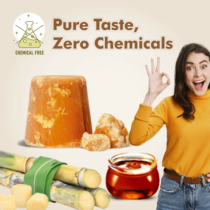 Naivedyam chemical-free jaggery cubes showing golden brown, textured surface, natural sweetener made from pure jaggery.