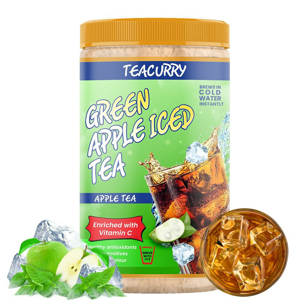 Teacurry Green Apple Instant Iced Tea Mix in a resealable packet, featuring green apples and tea powder for refreshing cold drinks.