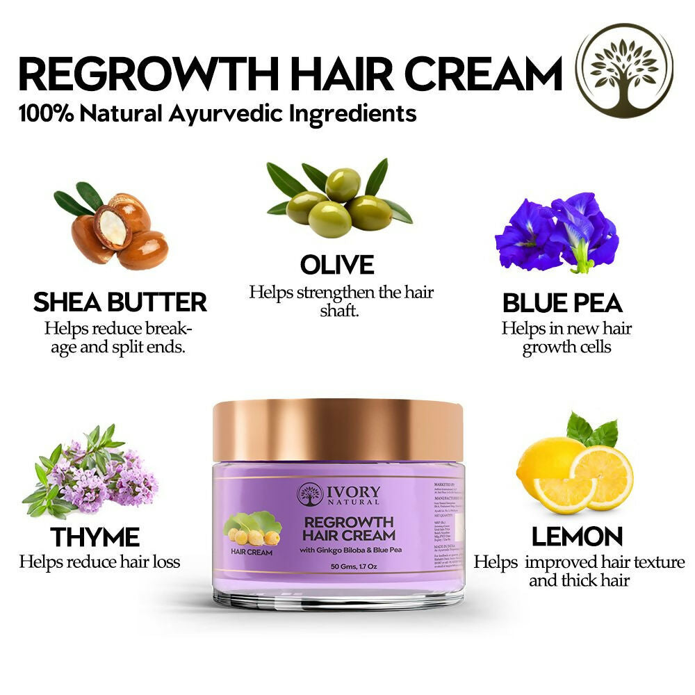 Ivory Natural hair growth cream for stronger, healthier hair, shown in a jar with creamy texture and natural ingredients.