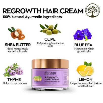 Ivory Natural hair growth cream for stronger, healthier hair, shown in a jar with creamy texture and natural ingredients.