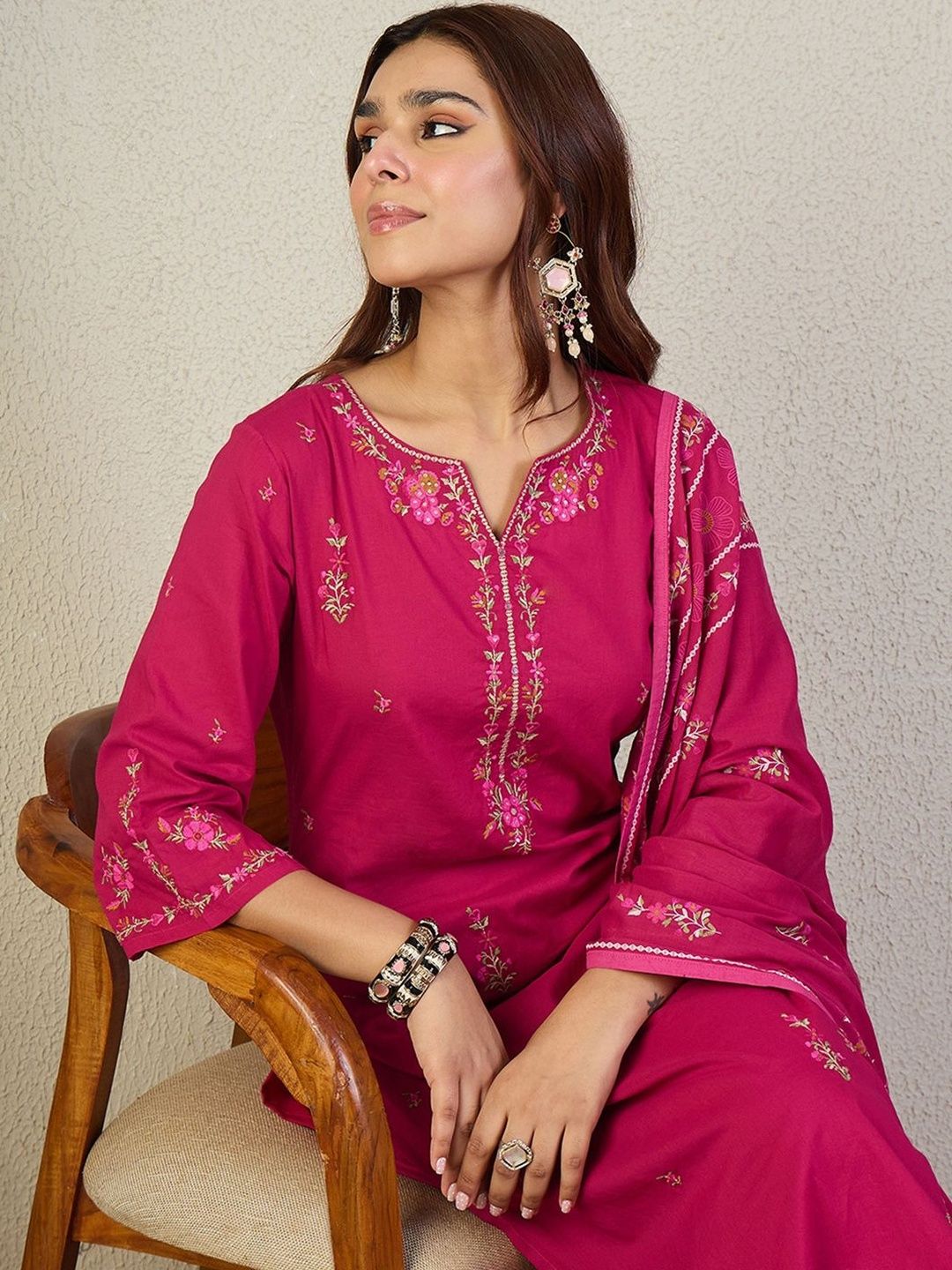 Ethnic Motifs Embroidered Thread Work Pure Cotton Kurta with Trouser & Dupatta