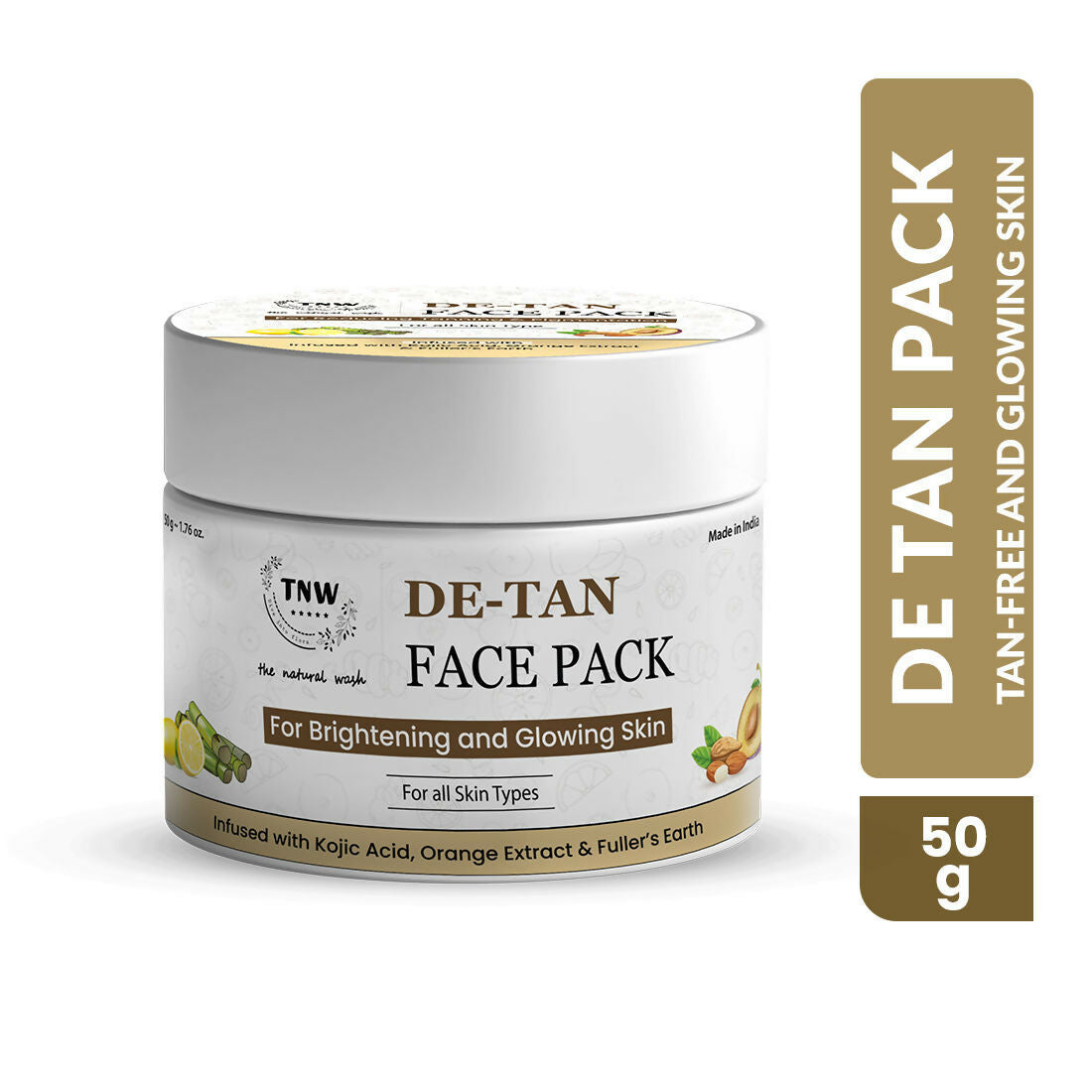The Natural Wash De-Tan Face Pack for glowing skin, shown in a jar with a creamy, herbal face mask texture, ideal for skin care.