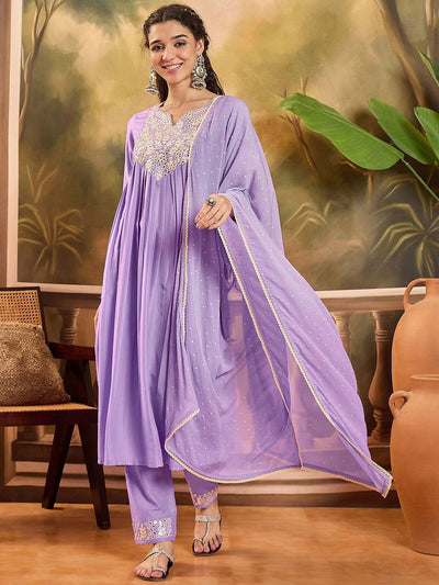 Indyancart SN Women's Thread Embroidered With Mirror Work A-Line Kurta With Trousers & Dupatta