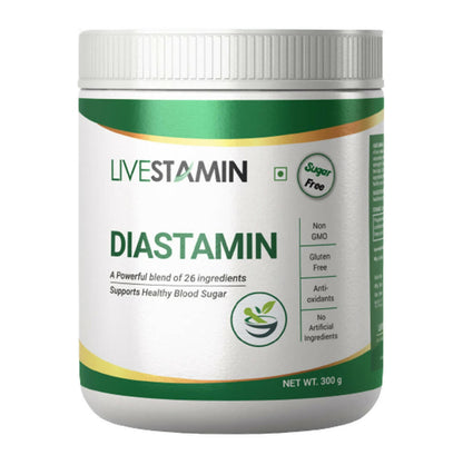 Livestamin Diastamin herbal supplement powder in a clear jar, showing the greenish powdered supplement inside.