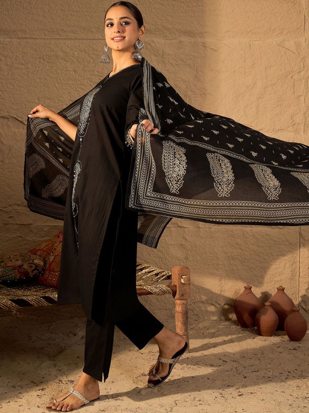 Women Ethnic Motifs Embroidered Cotton Kurta with Trousers & Dupatta