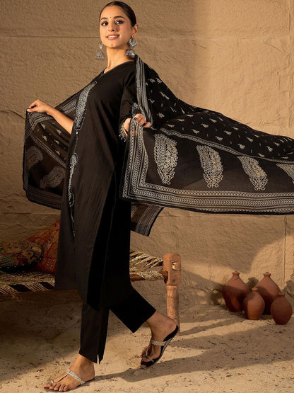 Women Ethnic Motifs Embroidered Cotton Kurta with Trousers & Dupatta
