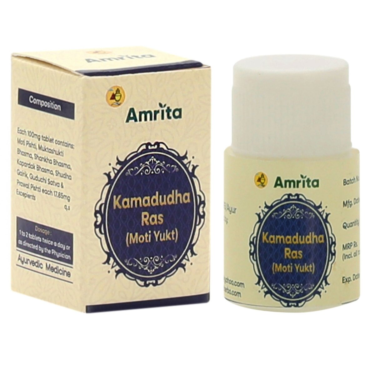 Amrita Kamdudha Ras Moti Ayurvedic tablets in a glass container with tablets visible, showcasing traditional herbal medicine packaging.