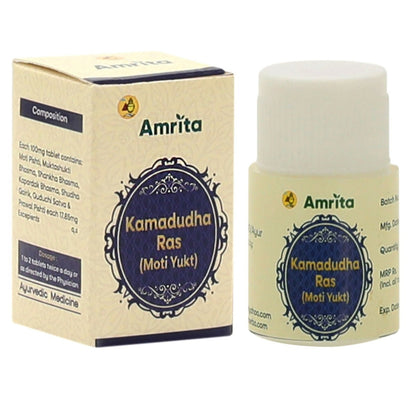 Amrita Kamdudha Ras Moti Ayurvedic tablets in a glass container with tablets visible, showcasing traditional herbal medicine packaging.