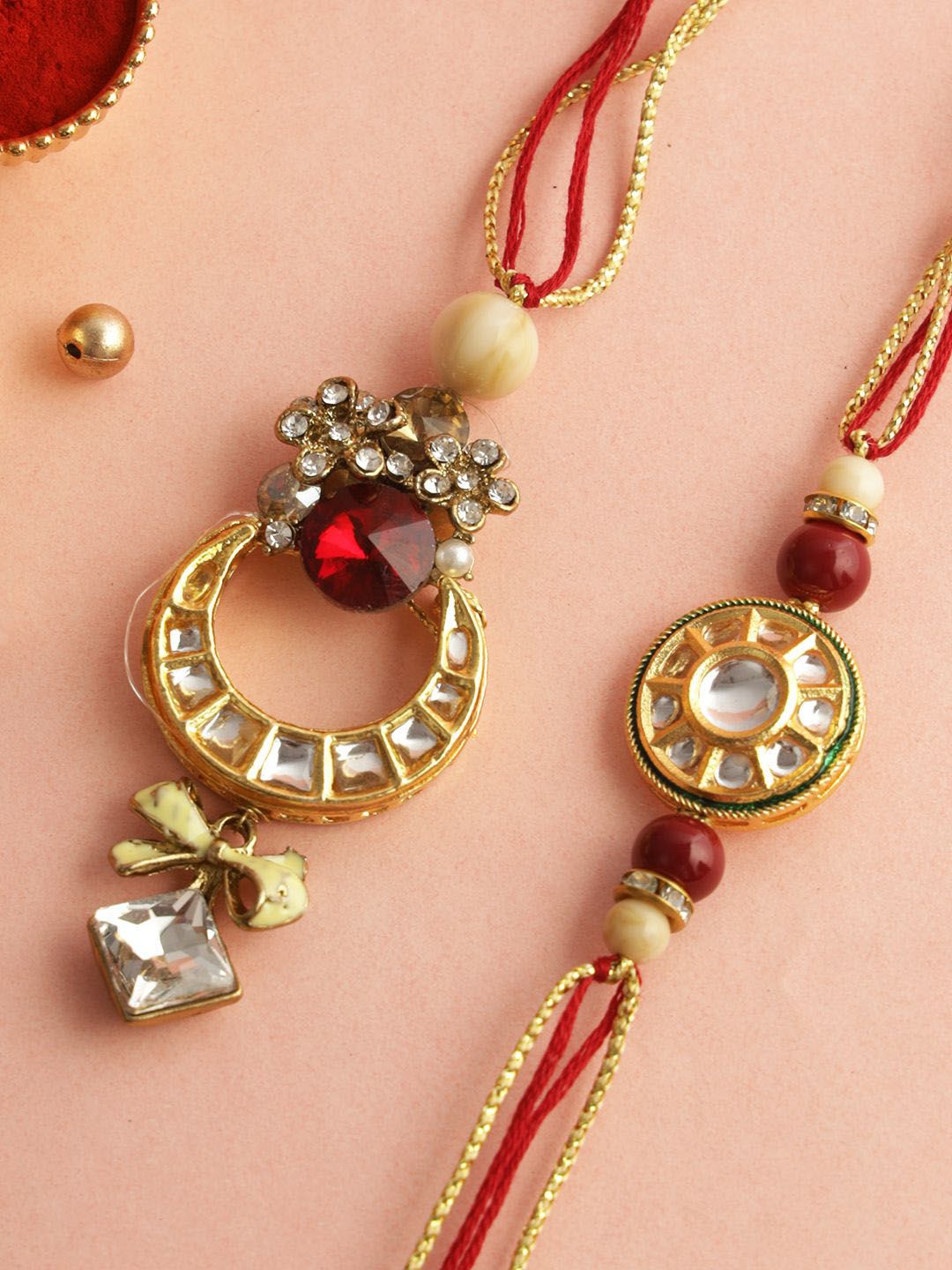 Anouk Red Stone Studded & Beaded Bhaiya Bhabhi Thread Rakhis With Roli Chawal