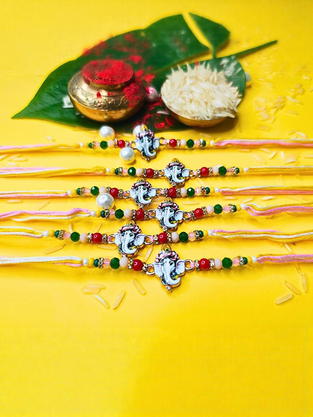 Anouk Set Of 6 Beaded Cotton Thread with AD Stones & Meenakari Designer Rakhi for Brother