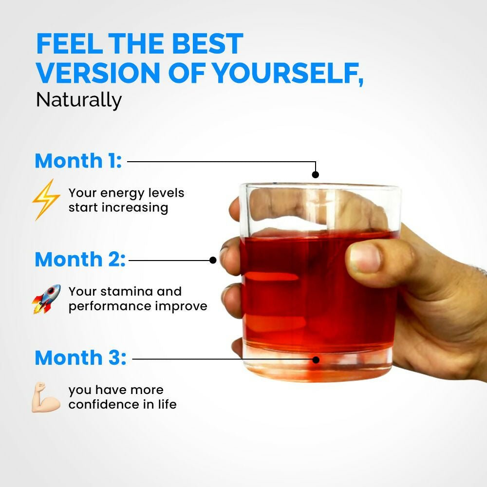 Auric Men's Energy++ Ayurvedic effervescent tablets in a glass of water with vitamin and herbal ingredients visible