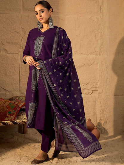 Floral Embroidered Mirror Work Pure Cotton Kurta With Trousers & Dupatta
