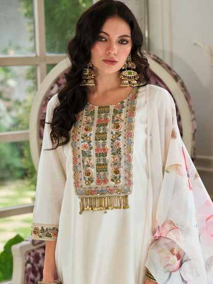 Ethnic Motifs Embroidered Zari Straight Kurta With Trousers & Dupatta