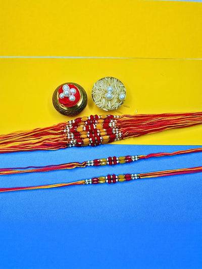 Indyancart Set Of 12 Beaded Cotton Thread with AD Stones & Meenakari Designer Rakhi for Brother