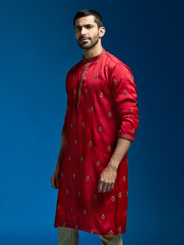 Men's Maroon Silk Blend Straight Kurta
