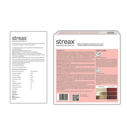 Streax Professional Hair Color Highlighting Kit in Latte Brown with highlighting tools and color cream for hair styling.