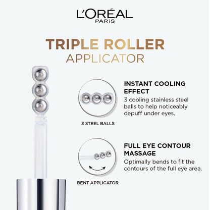 L'Oreal Paris Glycolic Bright Dark Circle Eye Serum with 3% glycolic acid, vitamin Cg, and niacinamide in a sleek tube.