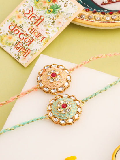 Anouk Kundan Studded Floral Bhaiya Bhabhi Rakhis With Roli Chawal Chandan & Mishri