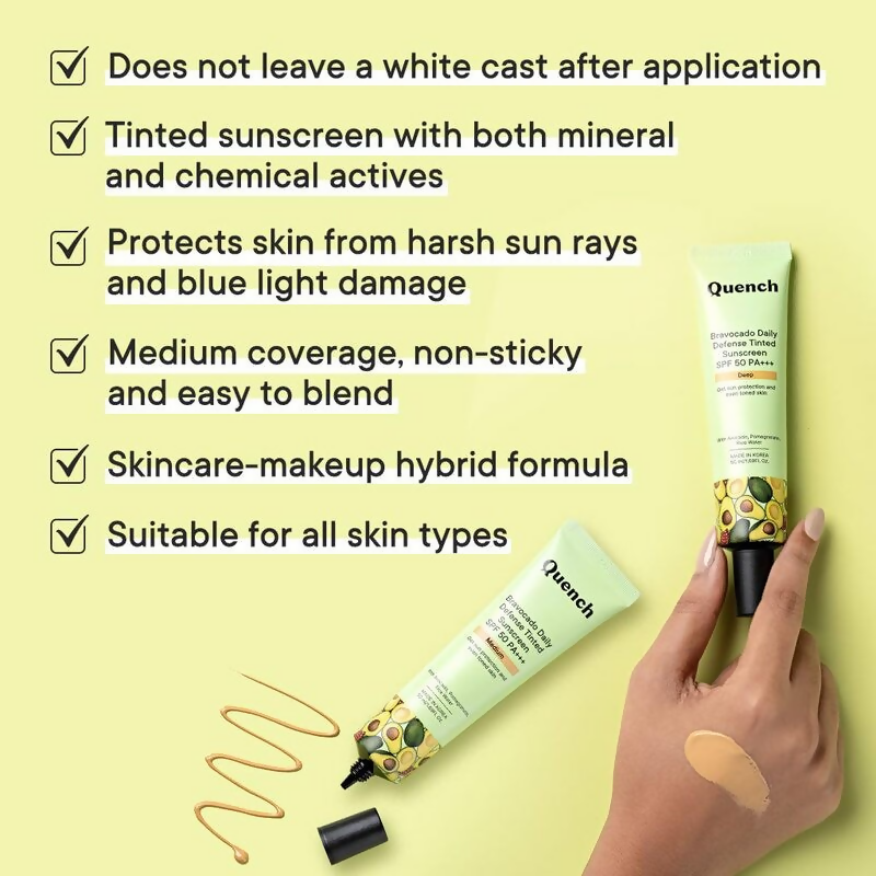Quench Vitamin E Tinted SPF 50 Sunscreen with mineral and chemical actives in light medium shade, featuring a smooth, tinted lotion texture.