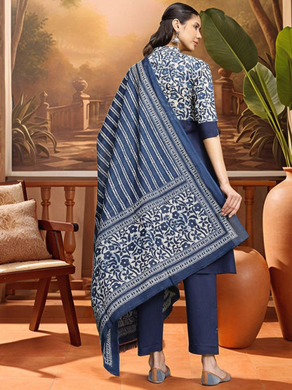 Indyancart SN Women's Embroidered A-Line Pure Cotton Kurta & Trousers With Dupatta