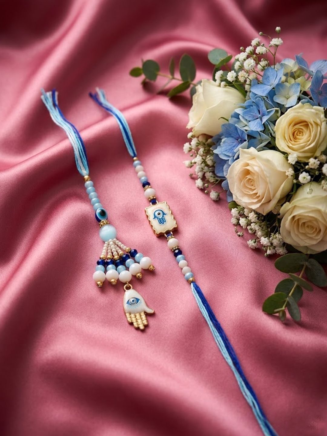 Anouk Set Of 2 Evil Eye Hand Design Bhaiya Bhabhi Rakhi With Roli Chawal Chandan Mishri