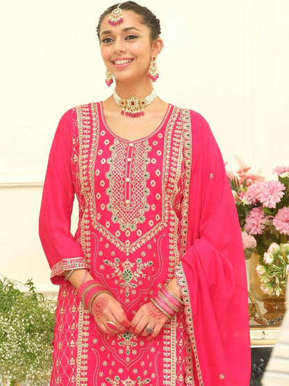 Indyancart IE Women Ethnic Motifs Embroidered Regular Thread Work Kurta with Palazzos & With Dupatta