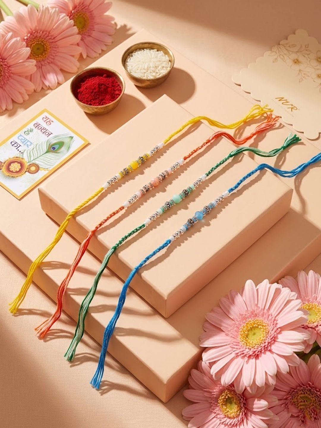 Anouk Set Of 4 Multicolor Artificial Beads Thread Rakhi With Roli Chawal Chandan Mishri