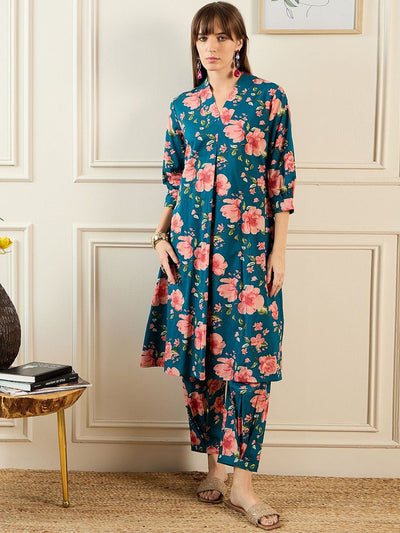 Indyancart IE Women Teal Kurta Sets