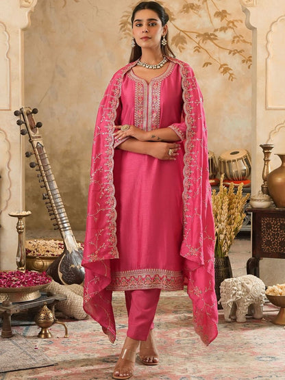 Embroidered Thread Work Kurta with Palazzo & With Dupatta